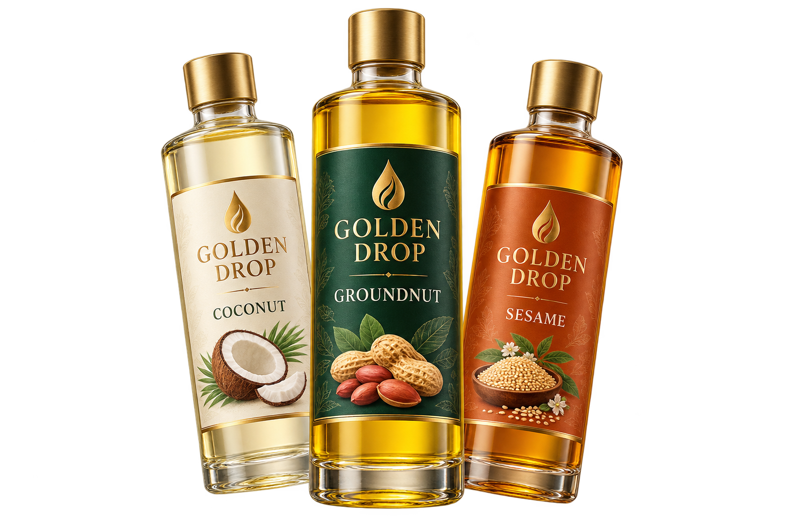Golden Drop coconut, groundnut and sesame bottle concepts